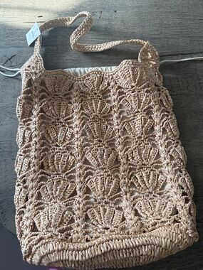 J. Crew Beige Crochet Tote with Shoulder Straps  hand knotted bag